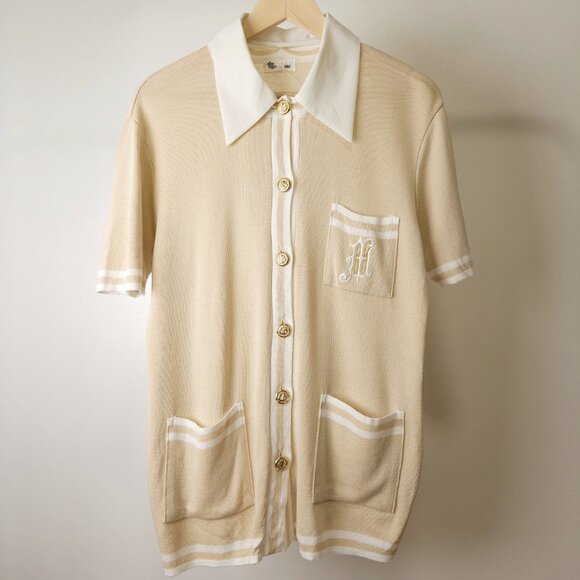 Vintage linen blend knit short set beige/ short sleeve knit cardigan two piece - Picture 5 of 12
